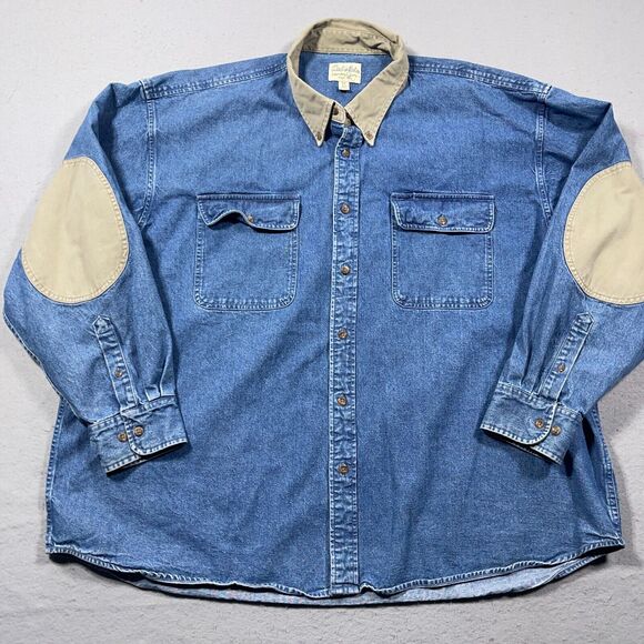 Cabelas Denim Shirt Mens 3XL Button Up Long Sleeve Workwear Blue Elbow Patches - Picture 2 of 12